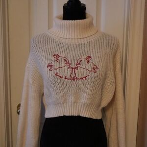 SHEIN Cream Turtleneck Sweater with Red Rabbit Design